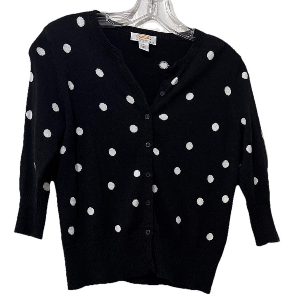 Talbots Petites Polka Dot Button Front Cardigan Size P/XS Black White Career